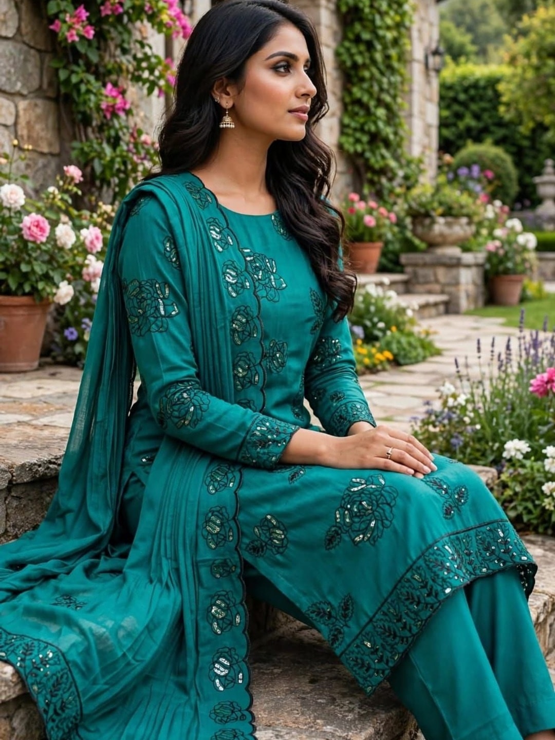 Peachmode Teal Vichitra Silk Unstitched Dress Material With Black Floral Sequence Work And Scalloped Embroidered Dupatta - Image 3