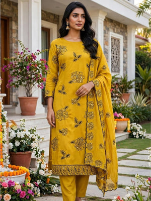 Peachmode Mustard Vichitra Silk Unstitched Dress Material With Black Floral Sequence Work And Scalloped Embroidered Dupatta - Image 2