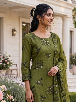 Peachmode Mehndi Green Vichitra Silk Unstitched Dress Material With Black Floral Sequence Work And Scalloped Embroidered Dupatta - Image 2