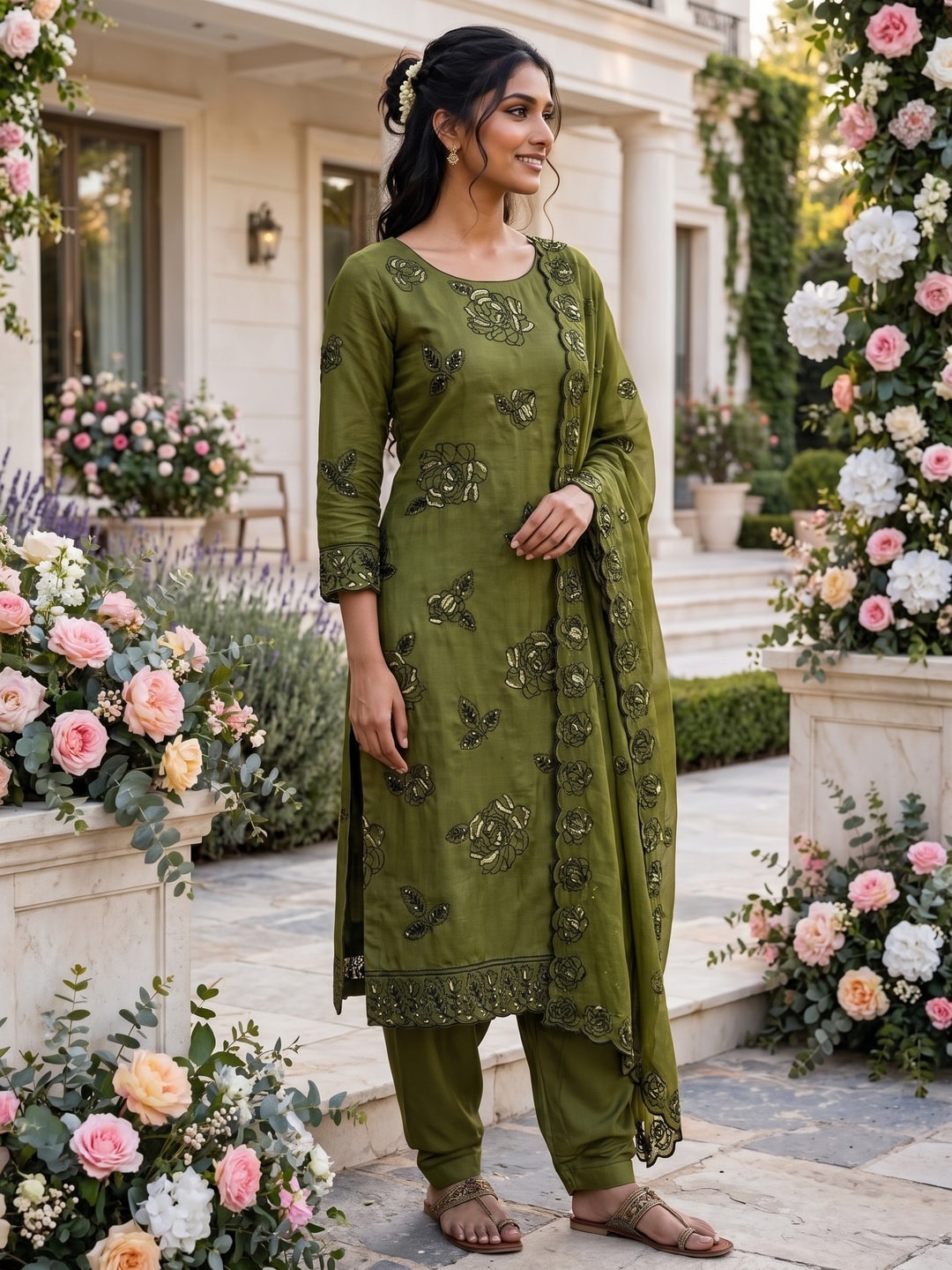 Peachmode Mehndi Green Vichitra Silk Unstitched Dress Material With Black Floral Sequence Work And Scalloped Embroidered Dupatta - Image 3