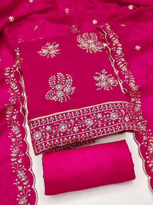 Peachmode Rani Pink Vichitra Silk Unstitched Dress Material With Gold Butterfly Floral Sequence Work And Scalloped Embroidered Dupatta - Image 1