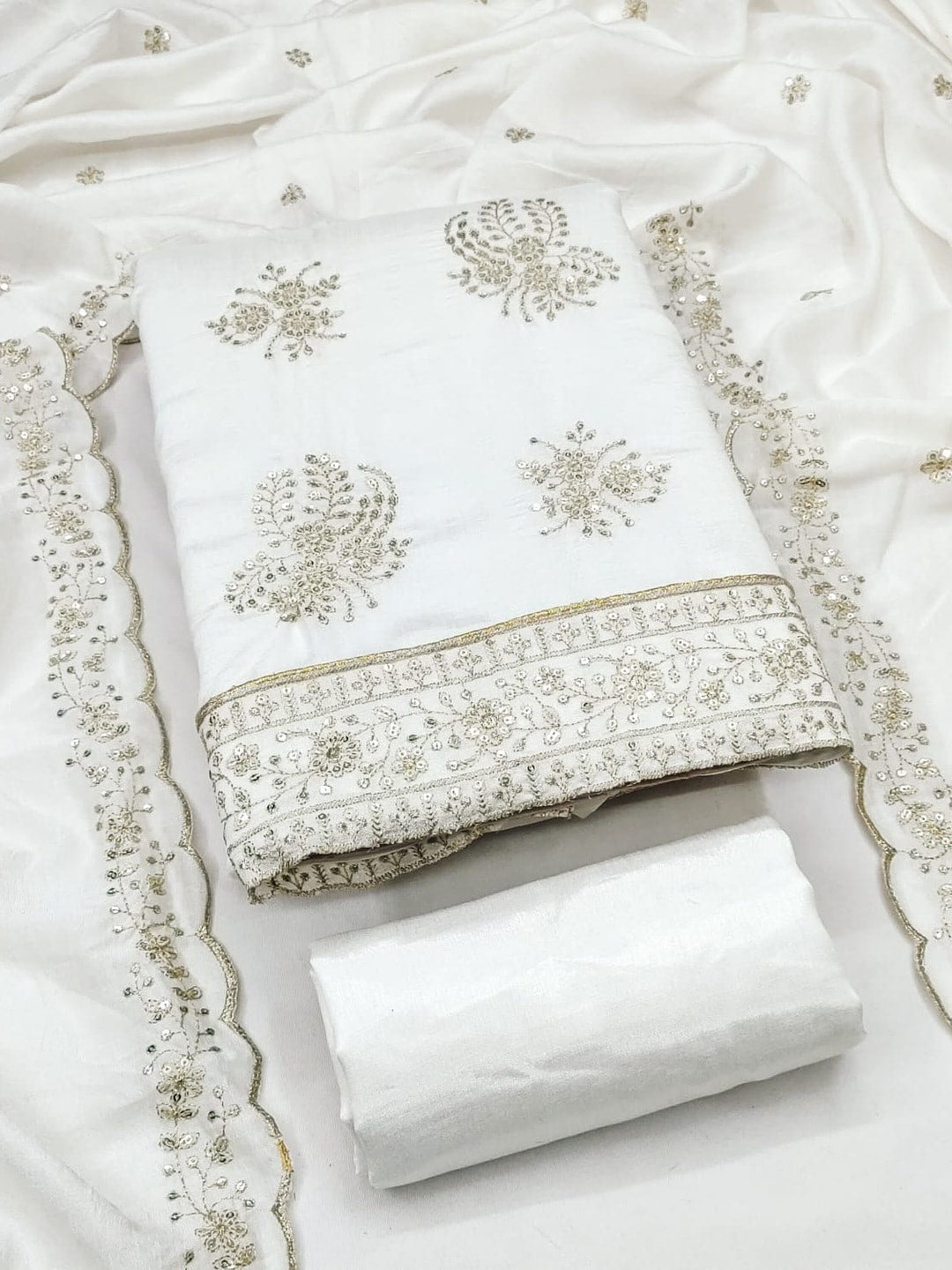 Peachmode White Vichitra Silk Unstitched Dress Material With Gold Butterfly Floral Sequence Work And Scalloped Embroidered Dupatta - Image 4