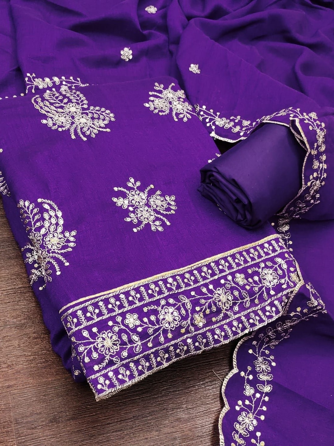 Peachmode Purple Vichitra Silk Unstitched Dress Material With Gold Butterfly Floral Sequence Work And Scalloped Embroidered Dupatta - Image 4