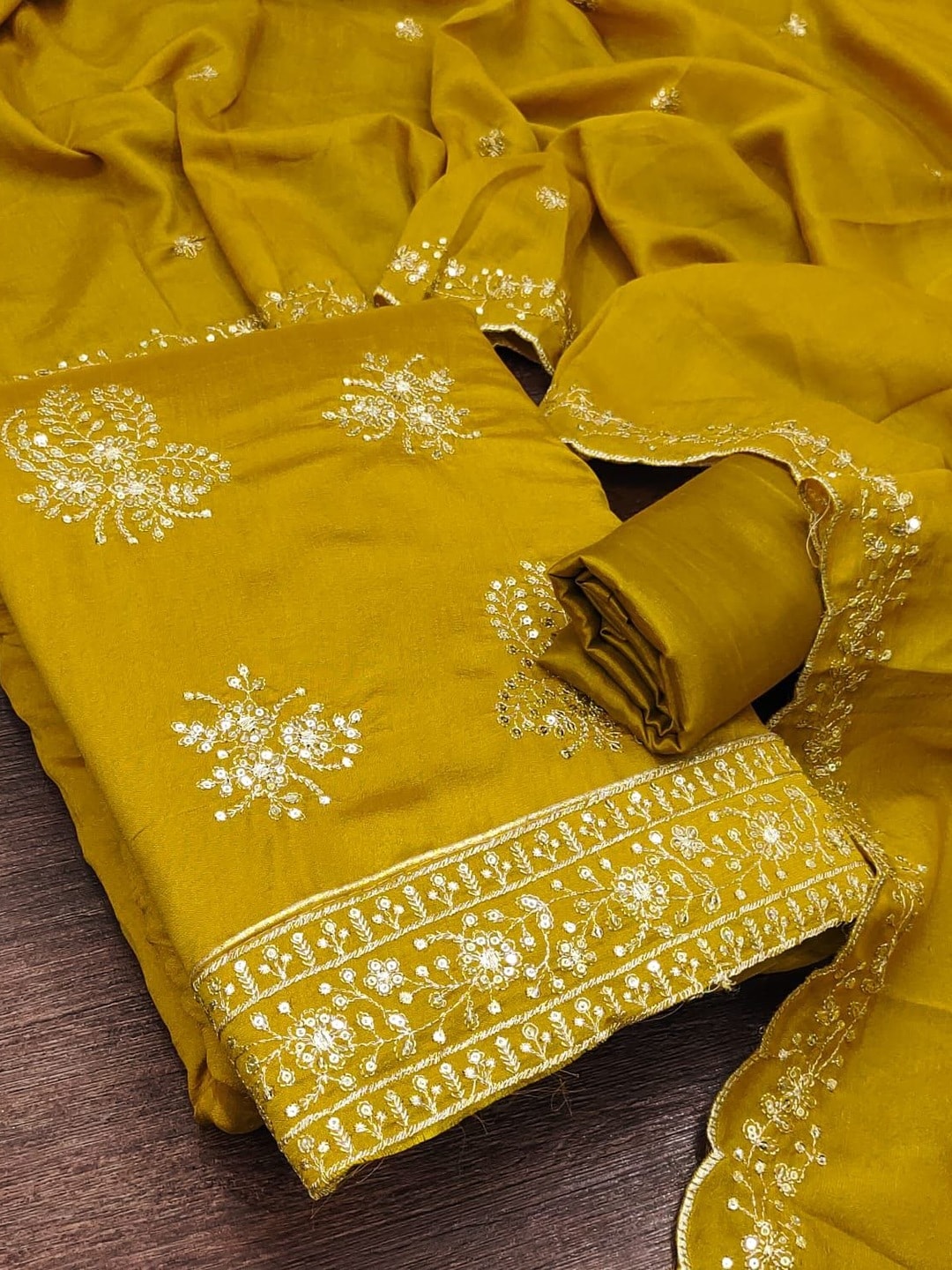 Peachmode Mustard Vichitra Silk Unstitched Dress Material With Gold Butterfly Floral Sequence Work And Scalloped Embroidered Dupatta - Image 4
