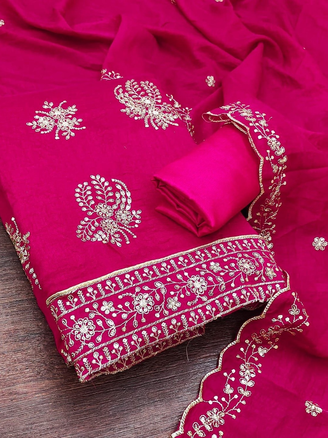 Peachmode Rani Pink Vichitra Silk Unstitched Dress Material With Gold Butterfly Floral Sequence Work And Scalloped Embroidered Dupatta - Image 4