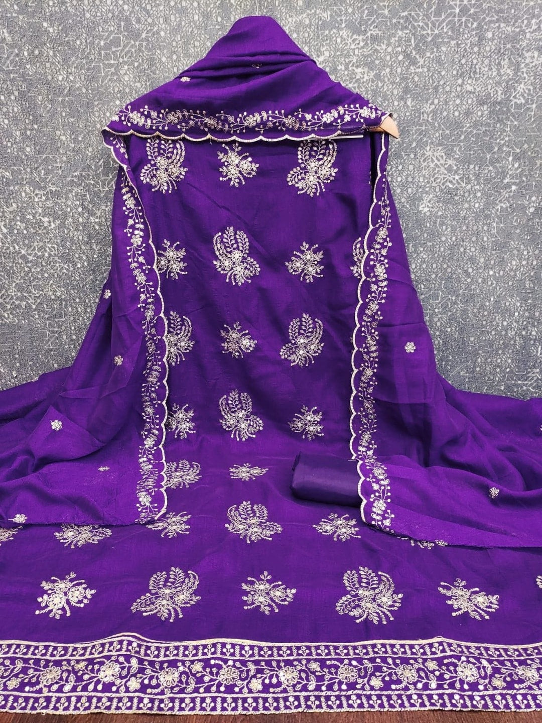 Peachmode Purple Vichitra Silk Unstitched Dress Material With Gold Butterfly Floral Sequence Work And Scalloped Embroidered Dupatta - Image 5