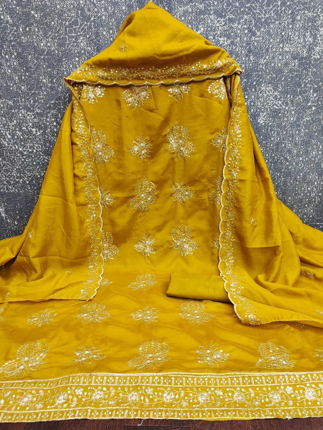 Peachmode Mustard Vichitra Silk Unstitched Dress Material With Gold Butterfly Floral Sequence Work And Scalloped Embroidered Dupatta - Image 5