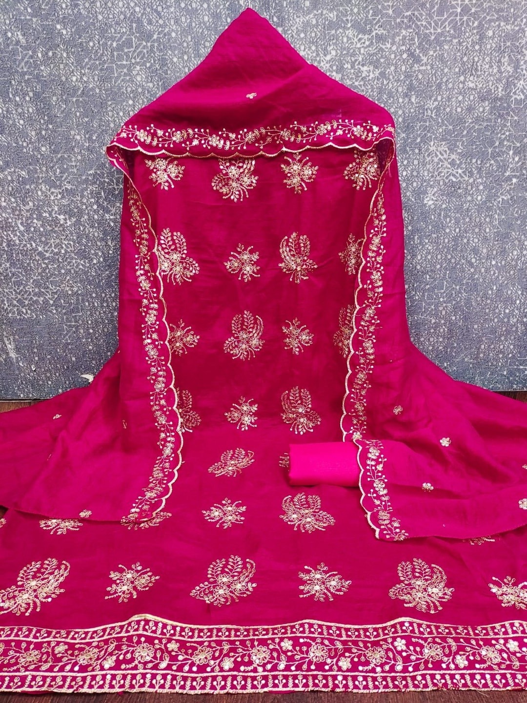 Peachmode Rani Pink Vichitra Silk Unstitched Dress Material With Gold Butterfly Floral Sequence Work And Scalloped Embroidered Dupatta - Image 5