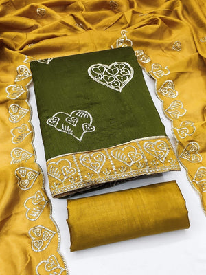Peachmode Mehndi Green Vichitra Silk Unstitched Dress Material With Gold Heart Motif Sequence Work And Contrast Scalloped Dupatta - Image 1