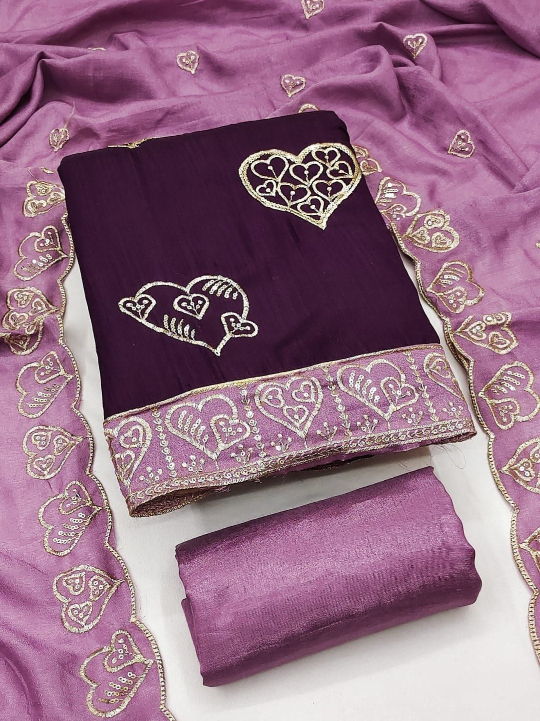 Peachmode Wine Vichitra Silk Unstitched Dress Material With Gold Heart Motif Sequence Work And Contrast Scalloped Dupatta - Image 1