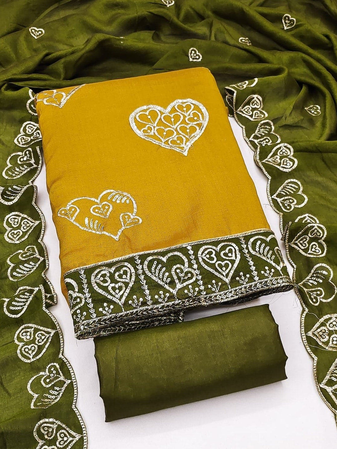 Peachmode Mustard Vichitra Silk Unstitched Dress Material With Gold Heart Motif Sequence Work And Contrast Scalloped Dupatta - Image 1