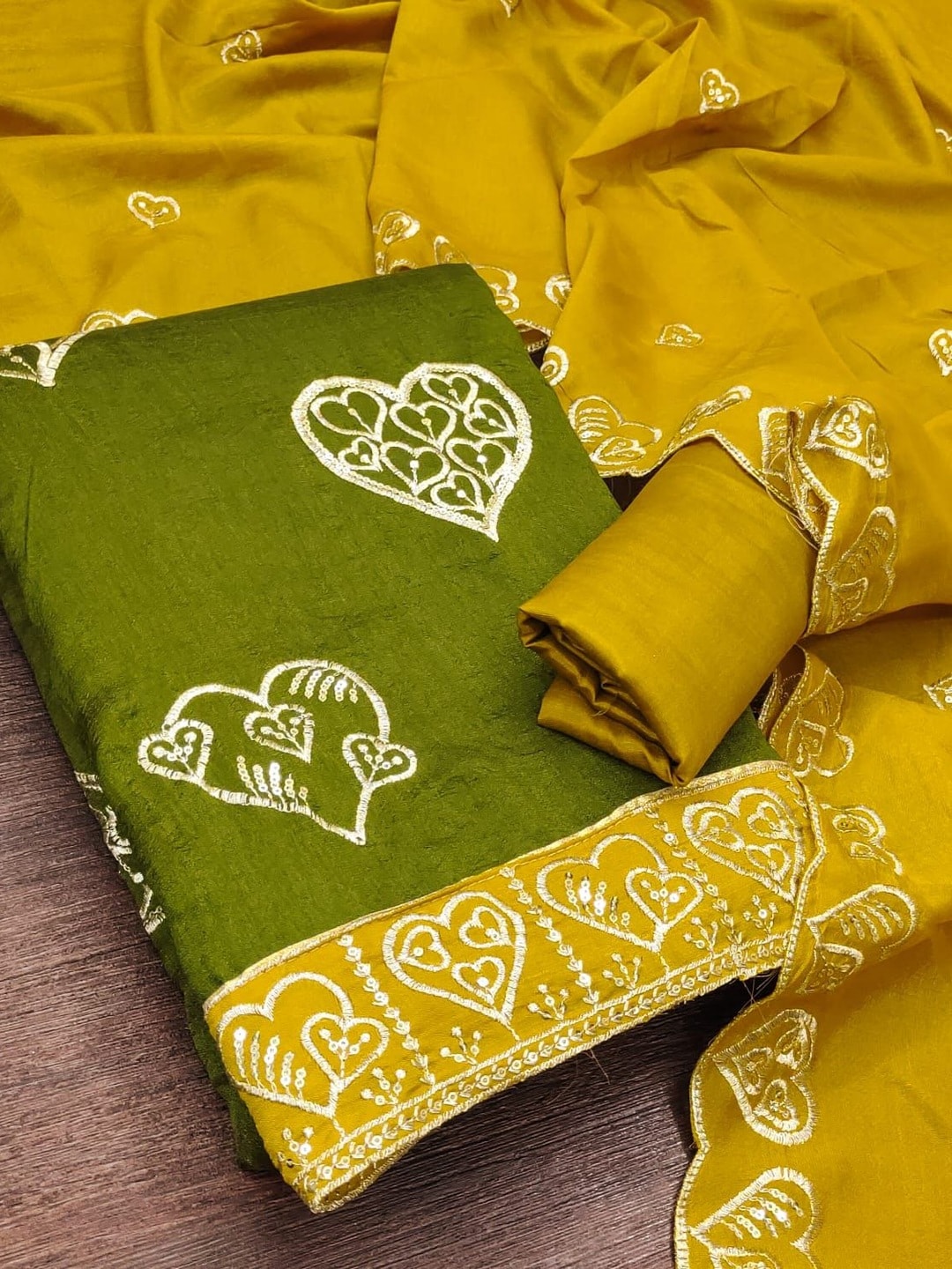 Peachmode Mehndi Green Vichitra Silk Unstitched Dress Material With Gold Heart Motif Sequence Work And Contrast Scalloped Dupatta - Image 4