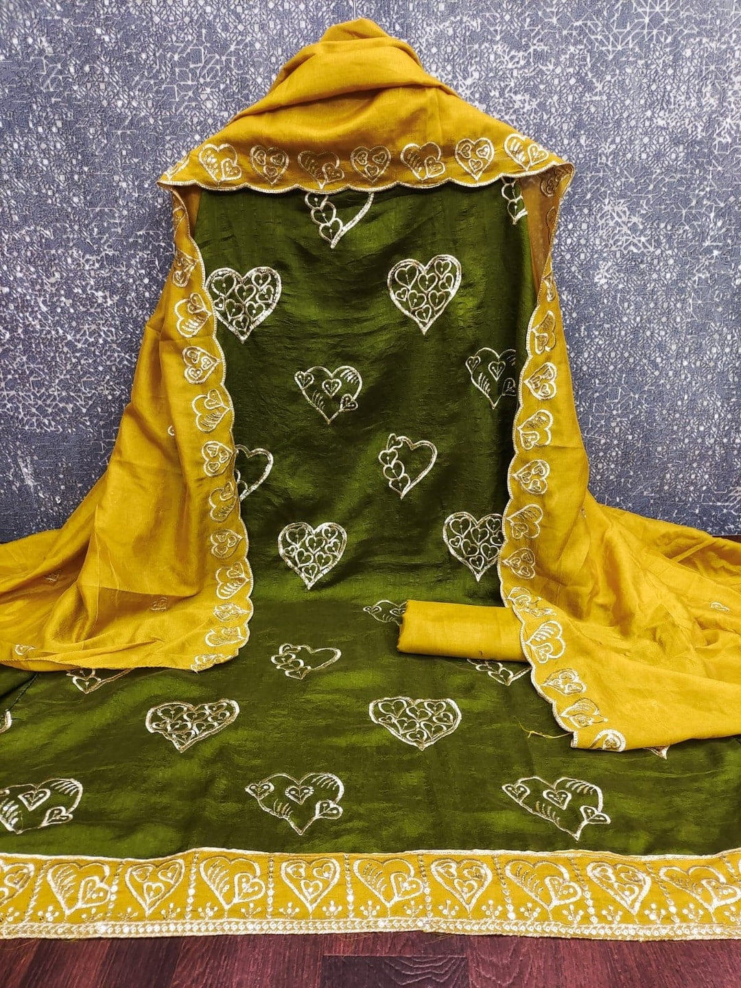 Peachmode Mehndi Green Vichitra Silk Unstitched Dress Material With Gold Heart Motif Sequence Work And Contrast Scalloped Dupatta - Image 5
