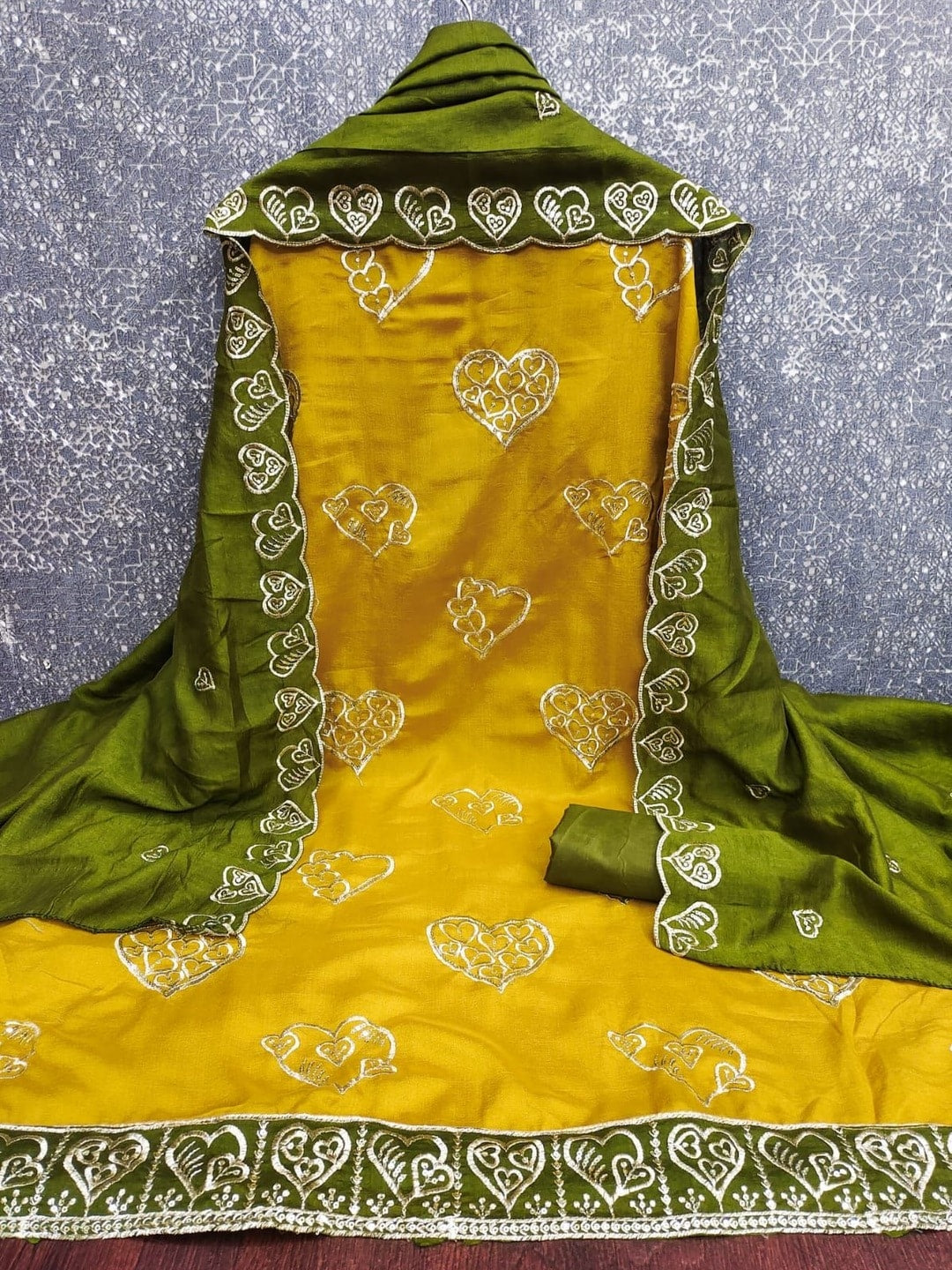 Peachmode Mustard Vichitra Silk Unstitched Dress Material With Gold Heart Motif Sequence Work And Contrast Scalloped Dupatta - Image 5