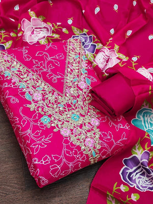 Peachmode Rani Pink French Crepe Unstitched Dress Material With Embroidered Floral Neck And Digital Rose Print Chinon Dupatta - Image 1