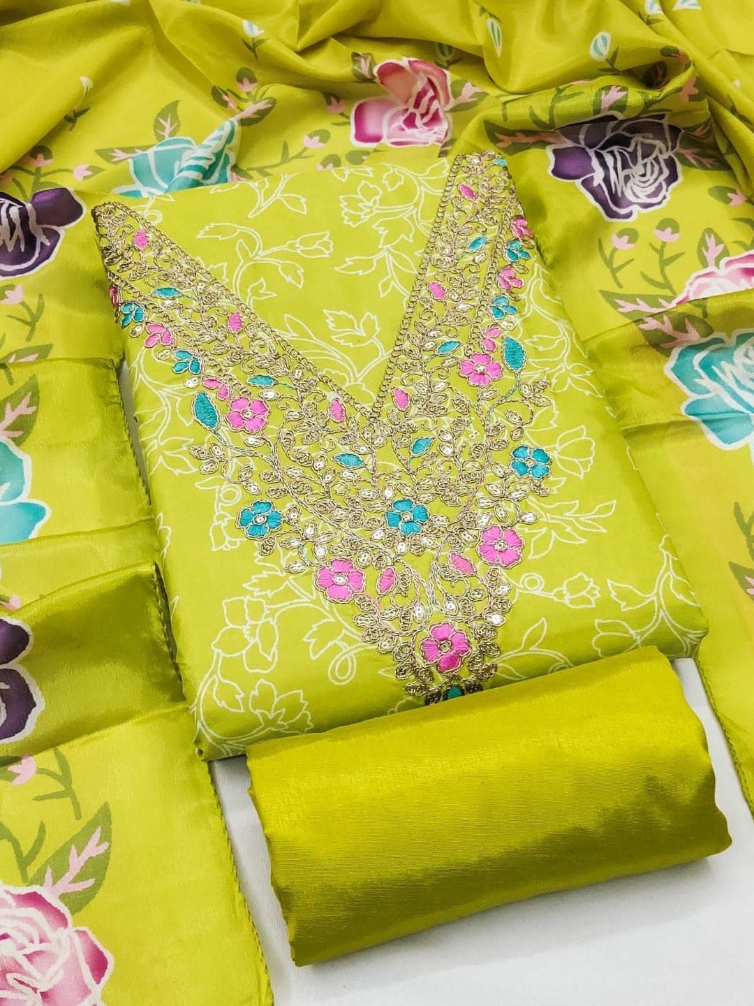 Peachmode Lime Green French Crepe Unstitched Dress Material With Embroidered Floral Neck And Digital Rose Print Chinon Dupatta - Image 4