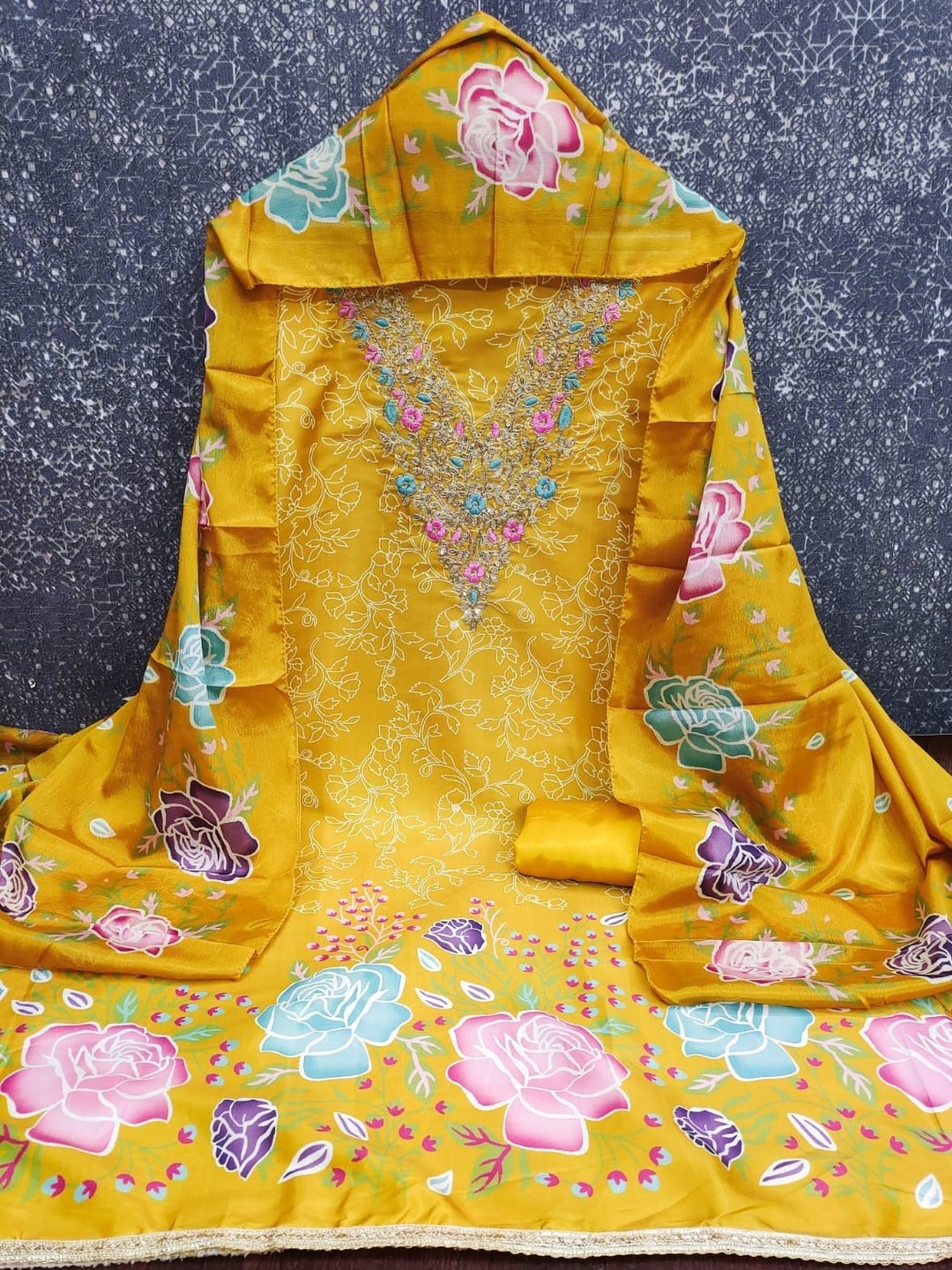 Peachmode Mustard French Crepe Unstitched Dress Material With Embroidered Floral Neck And Digital Rose Print Chinon Dupatta - Image 5