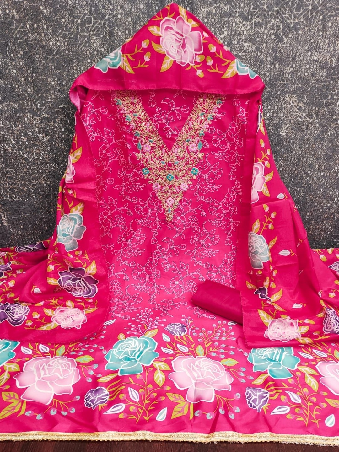 Peachmode Rani Pink French Crepe Unstitched Dress Material With Embroidered Floral Neck And Digital Rose Print Chinon Dupatta - Image 4