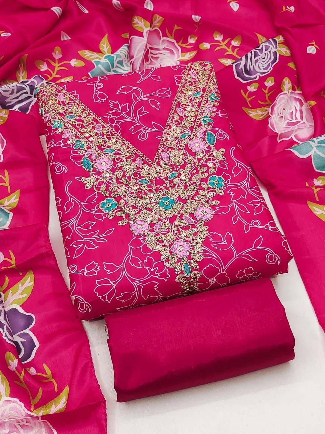 Peachmode Rani Pink French Crepe Unstitched Dress Material With Embroidered Floral Neck And Digital Rose Print Chinon Dupatta - Image 5