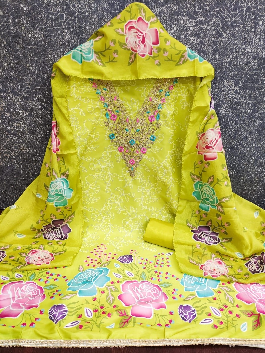 Peachmode Lime Green French Crepe Unstitched Dress Material With Embroidered Floral Neck And Digital Rose Print Chinon Dupatta - Image 5