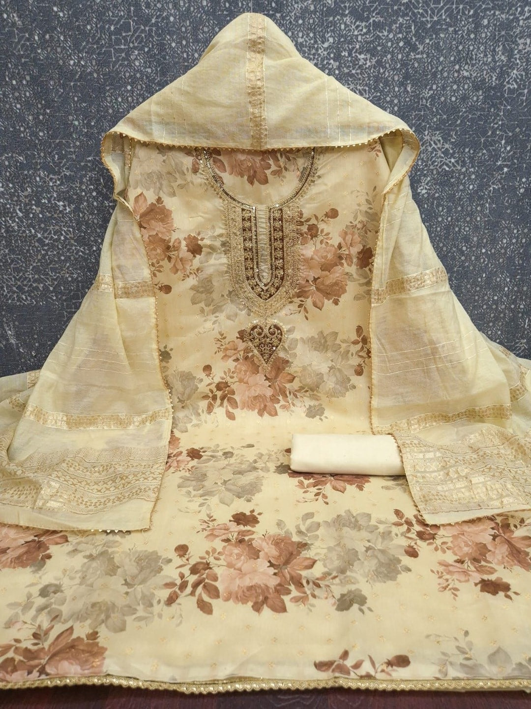 Peachmode Cream Chanderi Jacquard Unstitched Dress Material With Floral Print And Embroidered U Neck And Lace Edge Dupatta - Image 5