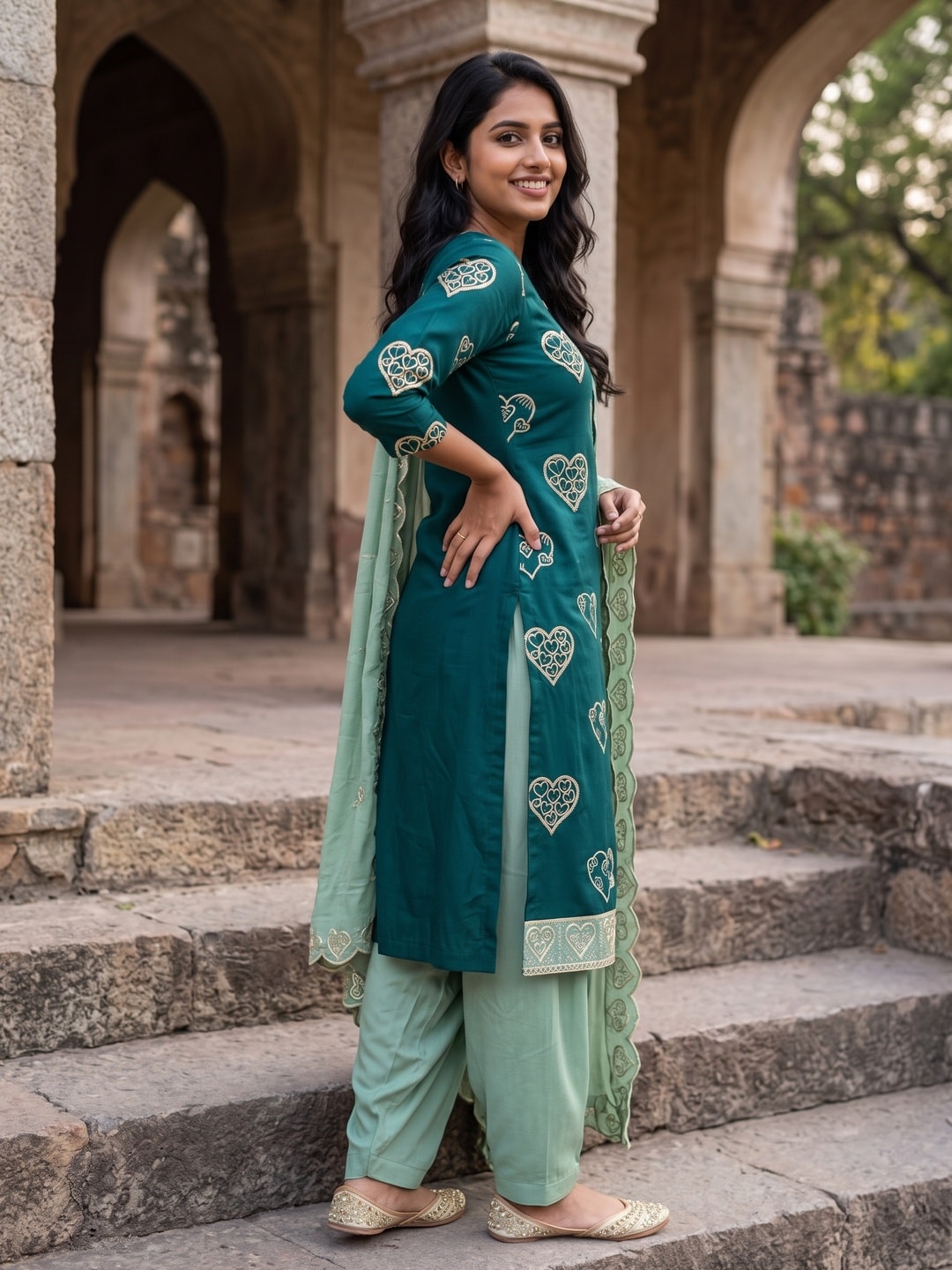 Peachmode Teal Vichitra Silk Unstitched Dress Material With Gold Heart Motif Sequence Work And Contrast Scalloped Dupatta - Image 3