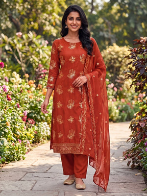 Peachmode Rust Vichitra Silk Unstitched Dress Material With Gold Butterfly Floral Sequence Work And Scalloped Embroidered Dupatta - Image 2