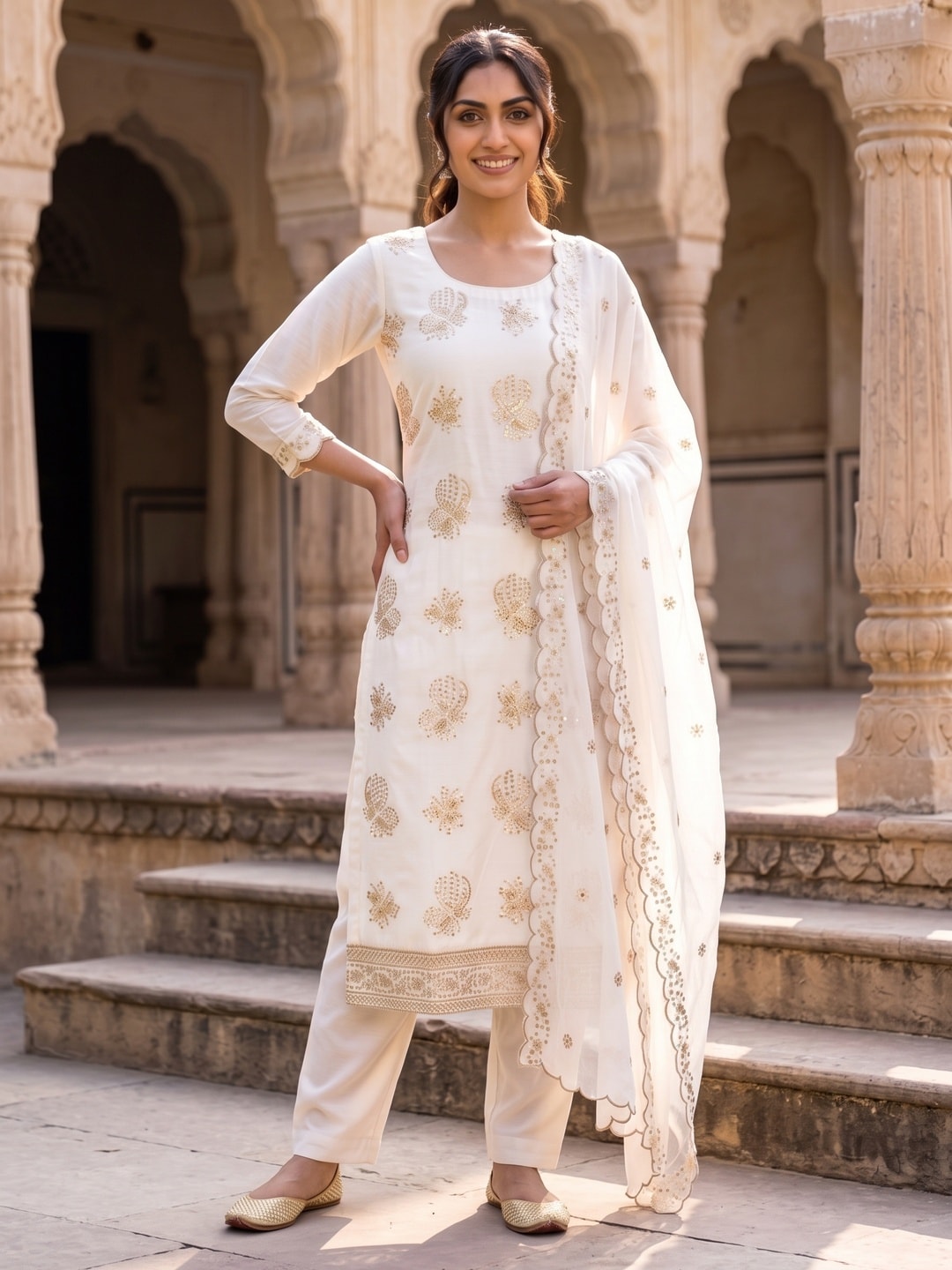 Peachmode White Vichitra Silk Unstitched Dress Material With Gold Butterfly Floral Sequence Work And Scalloped Embroidered Dupatta - Image 3