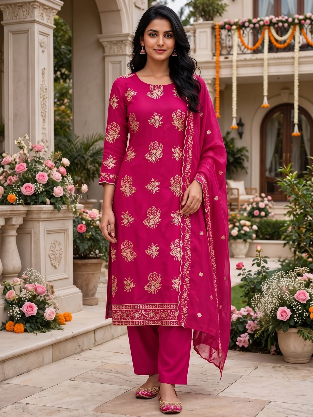 Peachmode Rani Pink Vichitra Silk Unstitched Dress Material With Gold Butterfly Floral Sequence Work And Scalloped Embroidered Dupatta - Image 3