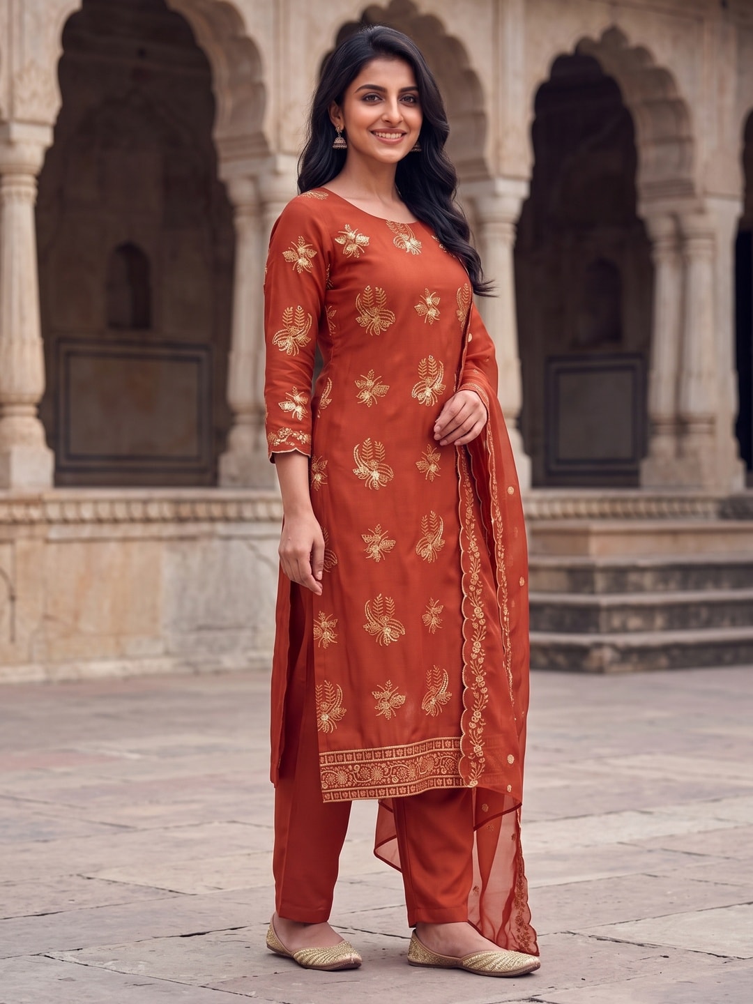 Peachmode Rust Vichitra Silk Unstitched Dress Material With Gold Butterfly Floral Sequence Work And Scalloped Embroidered Dupatta - Image 3