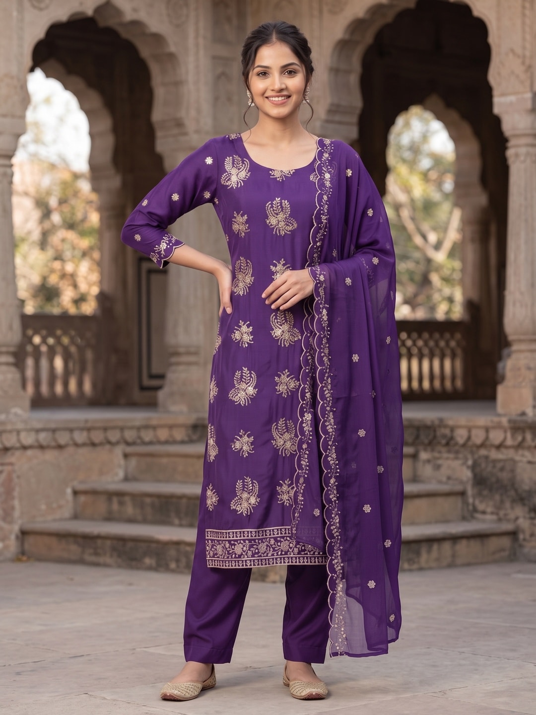 Peachmode Purple Vichitra Silk Unstitched Dress Material With Gold Butterfly Floral Sequence Work And Scalloped Embroidered Dupatta - Image 3