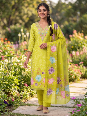 Peachmode Lime Green French Crepe Unstitched Dress Material With Embroidered Floral Neck And Digital Rose Print Chinon Dupatta - Image 2