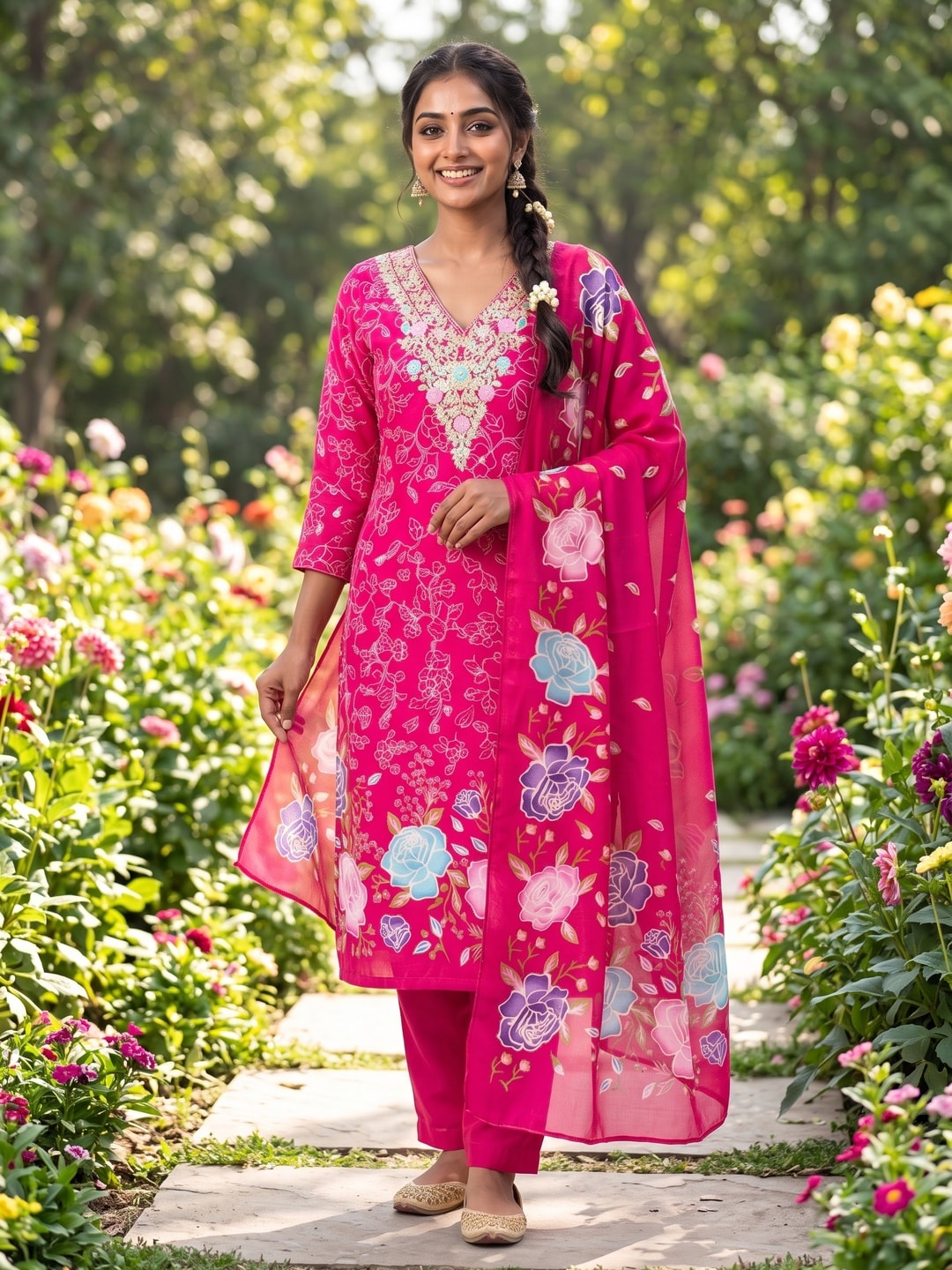 Peachmode Rani Pink French Crepe Unstitched Dress Material With Embroidered Floral Neck And Digital Rose Print Chinon Dupatta - Image 2