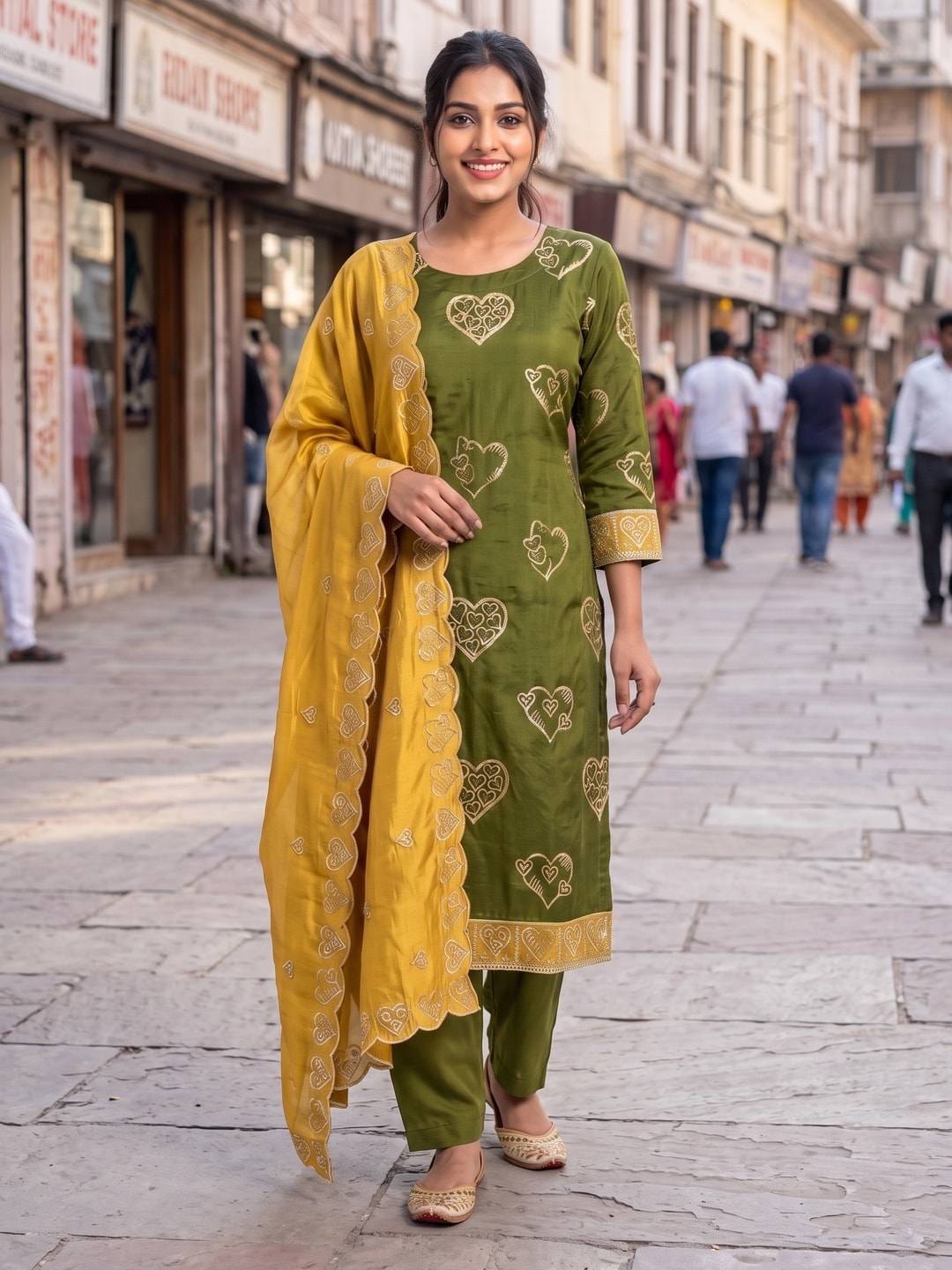Peachmode Mehndi Green Vichitra Silk Unstitched Dress Material With Gold Heart Motif Sequence Work And Contrast Scalloped Dupatta - Image 2