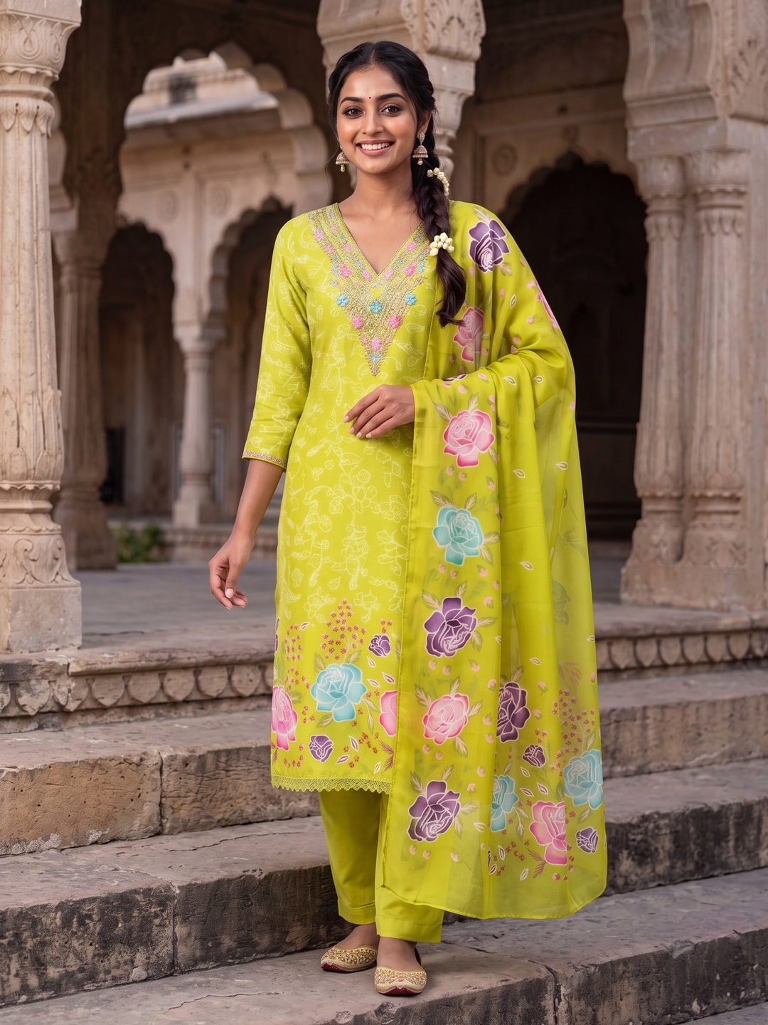 Peachmode Lime Green French Crepe Unstitched Dress Material With Embroidered Floral Neck And Digital Rose Print Chinon Dupatta - Image 3