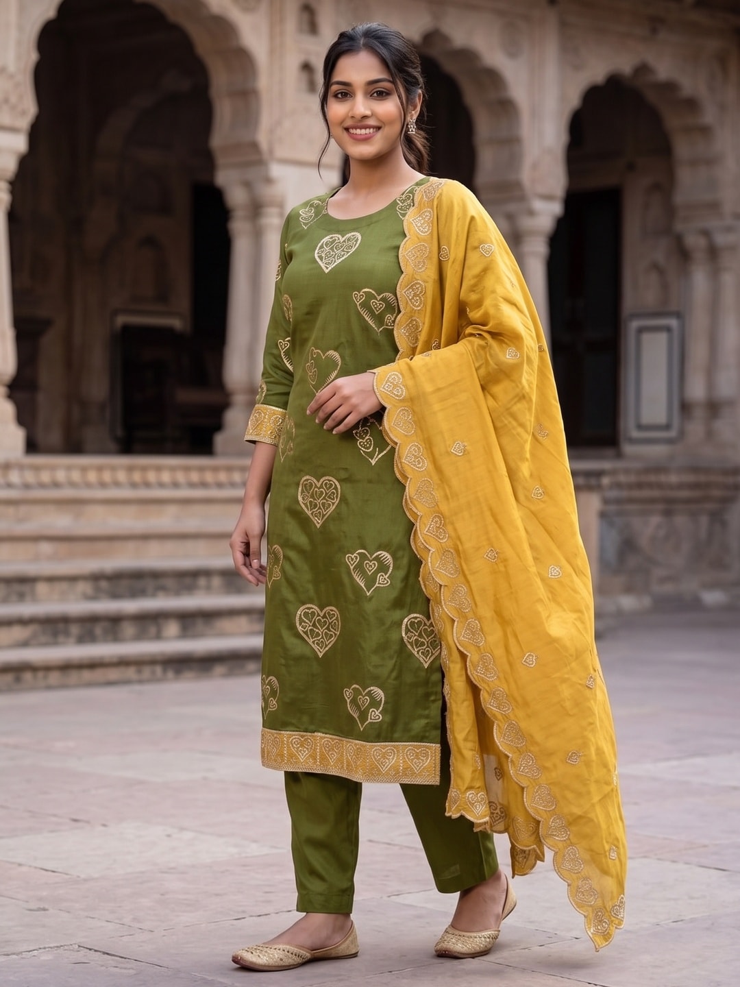 Peachmode Mehndi Green Vichitra Silk Unstitched Dress Material With Gold Heart Motif Sequence Work And Contrast Scalloped Dupatta - Image 3