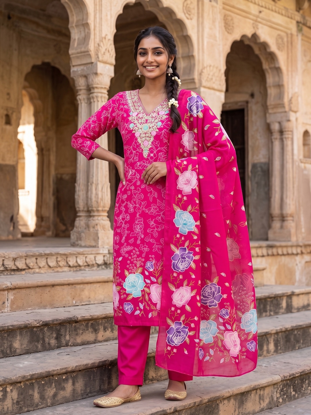 Peachmode Rani Pink French Crepe Unstitched Dress Material With Embroidered Floral Neck And Digital Rose Print Chinon Dupatta - Image 3