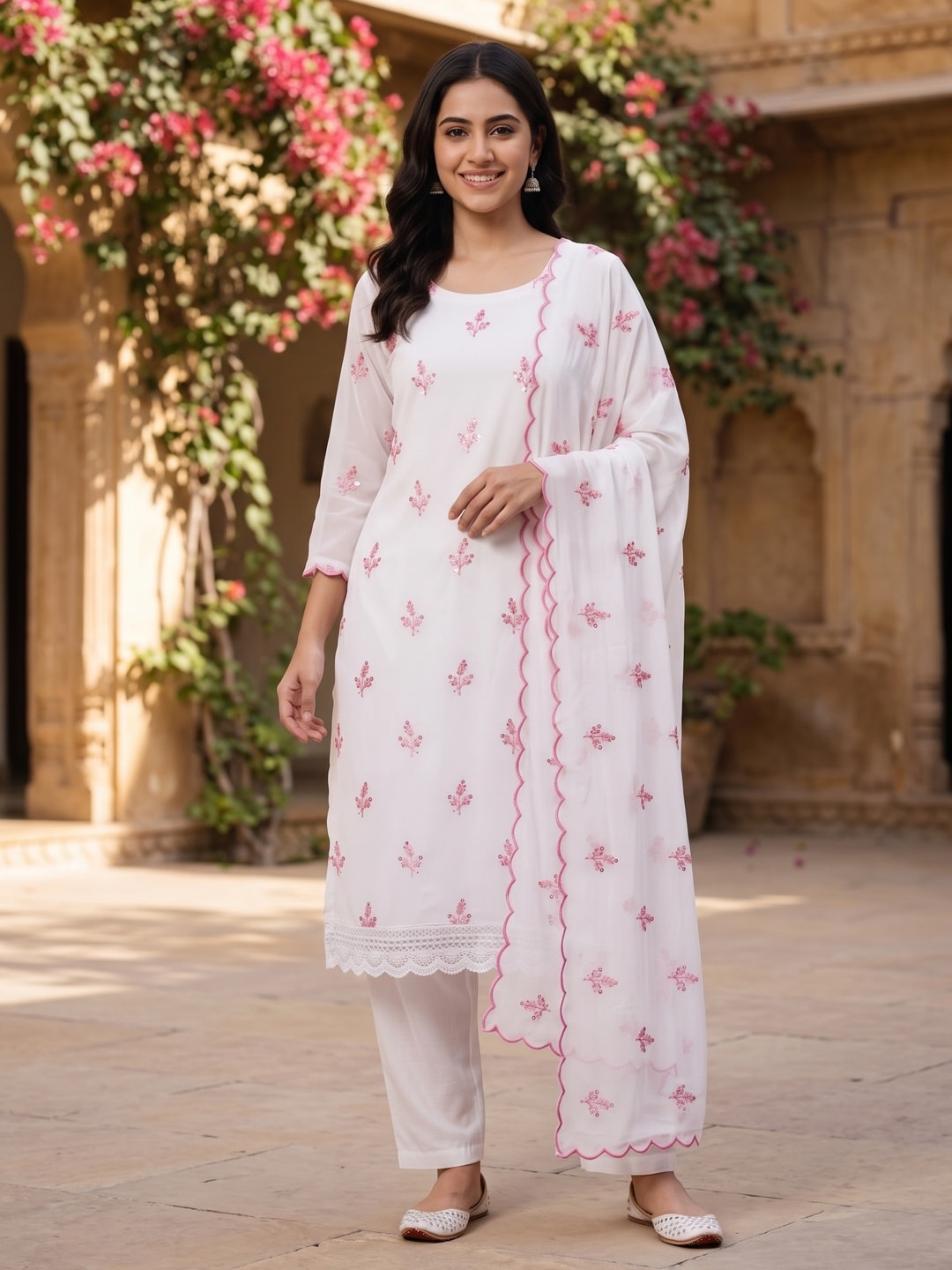 Peachmode White Georgette Unstitched Dress Material With Pink Thread Sequence Work And Lace Hem Scalloped Dupatta - Image 2
