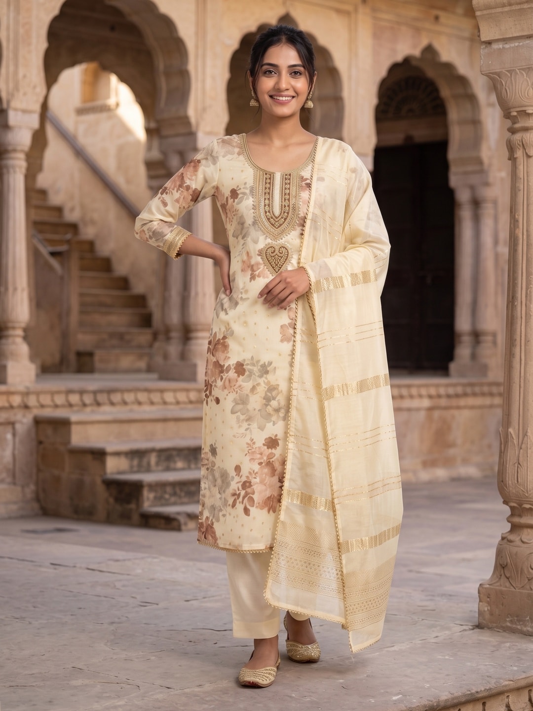 Peachmode Cream Chanderi Jacquard Unstitched Dress Material With Floral Print And Embroidered U Neck And Lace Edge Dupatta - Image 3