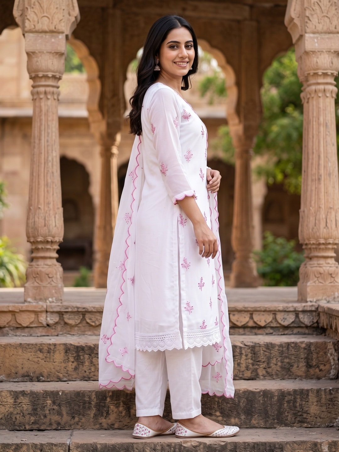 Peachmode White Georgette Unstitched Dress Material With Pink Thread Sequence Work And Lace Hem Scalloped Dupatta - Image 3
