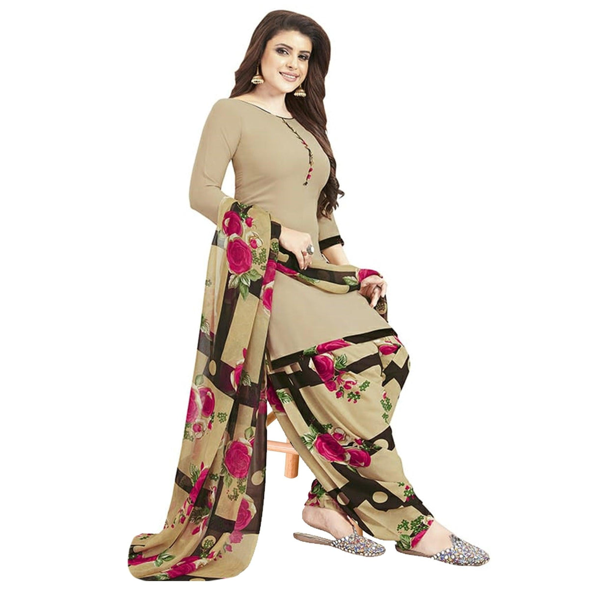 Beige Printed Crepe Patiala Dress Material - Image 1