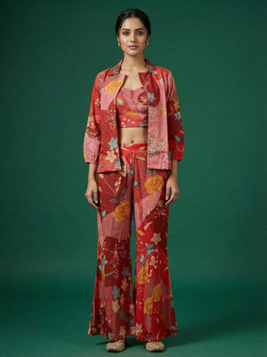 Red Muslin Printed & Embroidered Crop Top Ensemble with Coordinating Shrug and Palazzos - Image 1