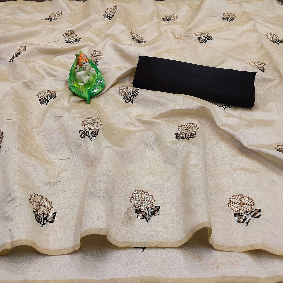 Charming Cream Colored Festive Wear Embroidered Silk Saree - Image 1