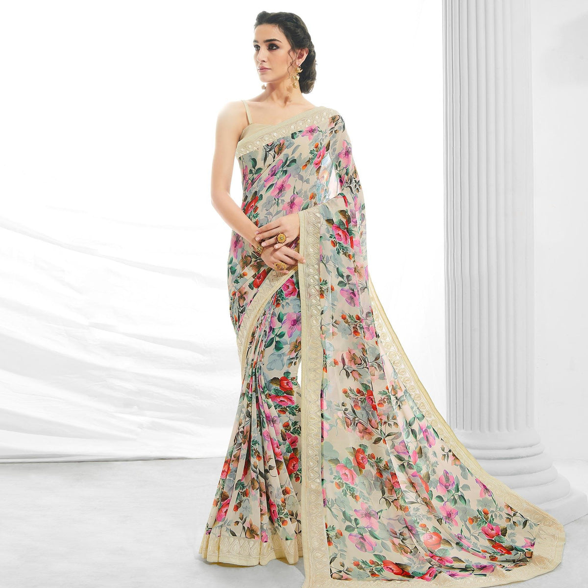 Beige Casual Wear Floral Printed Georgette Saree - Image 1