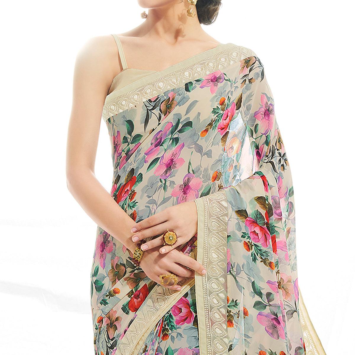 Beige Casual Wear Floral Printed Georgette Saree - Image 2