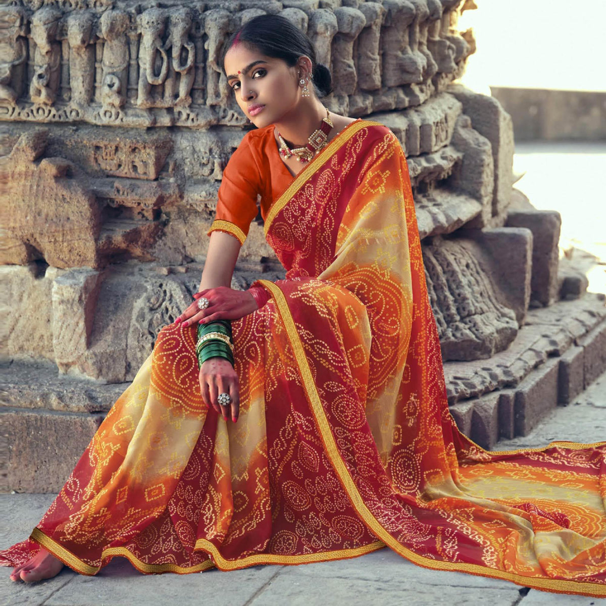 Red-Cream Bandhani Printed With Fancy Border Chiffon Saree - Image 4