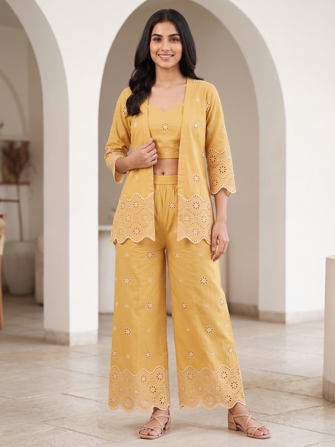 Yellow Schiffli Pure Cotton Top Bottom Set With Jacket - Image 2
