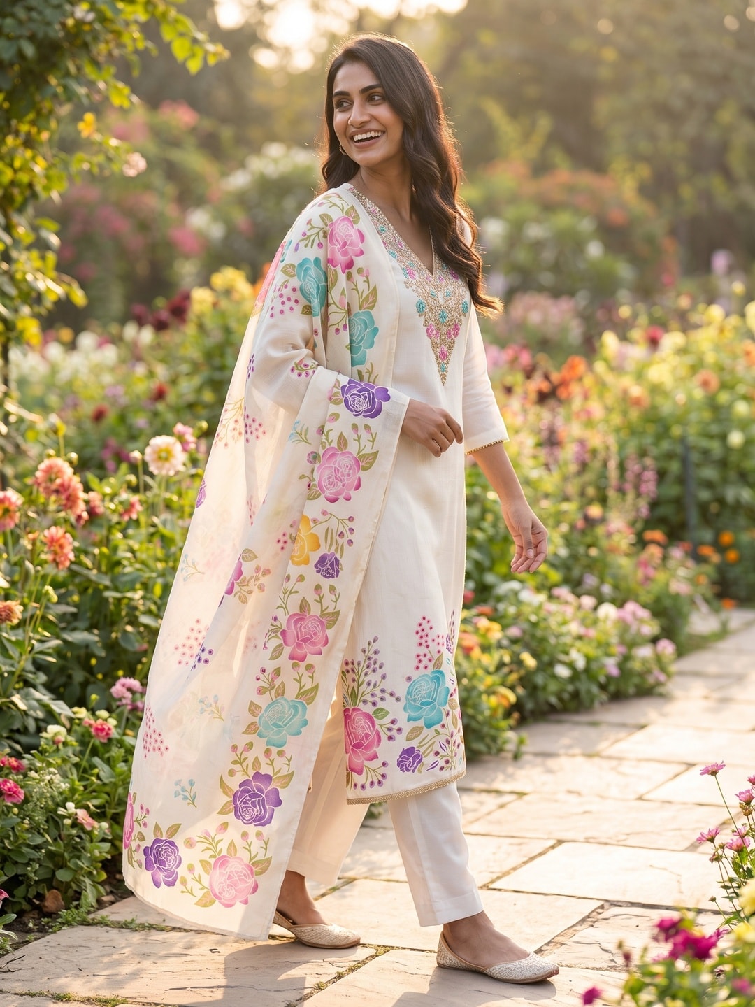 Peachmode White French Crepe Unstitched Dress Material With Embroidered Floral Neck And Digital Rose Print Chinon Dupatta - Image 2