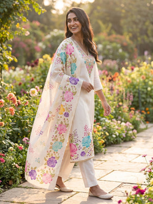 Peachmode White French Crepe Unstitched Dress Material With Embroidered Floral Neck And Digital Rose Print Chinon Dupatta - Image 2