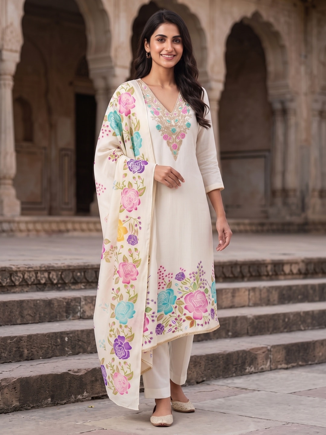 Peachmode White French Crepe Unstitched Dress Material With Embroidered Floral Neck And Digital Rose Print Chinon Dupatta - Image 3